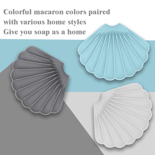 Silicone Soap Dish with Drainage - Shell Shaped for Bathroom & Kitchen Sinks (3 Pcs, Blue, White & Gray)