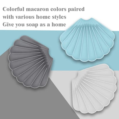 Silicone Soap Dish with Drainage - Shell Shaped for Bathroom & Kitchen Sinks (3 Pcs, Blue, White & Gray)