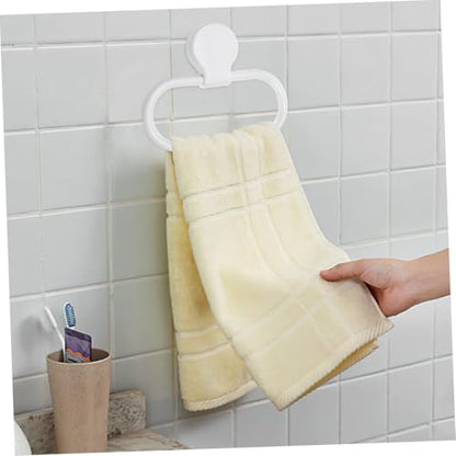 Vaguelly 2pcs Adhesive Towel Rings Wall-Mounted Hand Towel Holder for Bathroom Non-Deformation Shelf with Strong Sticky Backing Minimalist White Design Compatible with Any Decor