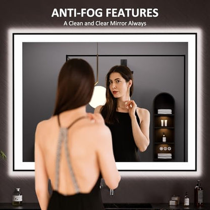 LOAAO 48"X36" LED Bathroom Mirror Black Framed | Anti-Fog, Dimmable, Memory Function, Tempered Glass, Lighted Vanity Mirror for Wall - size: 48"L x 36"W