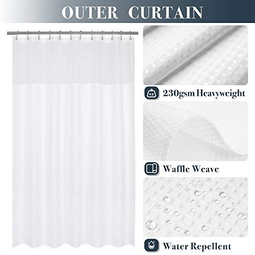 N&Y HOME Extra Long Waffle Shower Curtain with Snap-in Liner White, 71x84 | 12 Hooks & Snap on Fabric Liner, Washable, Mesh Window, Hotel Style, 84 inches Length Shower Curtain Set for Bathroom - color: White, size: 71"W x 84"L (Pack of 1)