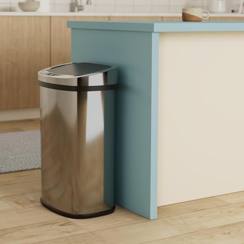 FDW | 13 Gallon Stainless Steel Trash Can with Lid | Silver | Automatic Touchless Lid with Motion Sensor | Kitchen Garbage Can with Waterproof Design | for Home, Office, Bathroom - color: Silver, style: Stainless Steel