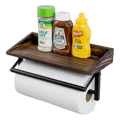 MyGift Black Metal Paper Towel Holder Wall Rack with Rustic Wood Shelf | Top shelf stores seasonings and essentials while the wall-mounted design keeps paper towels rolls accessible - color: Matte Black Metal Paper