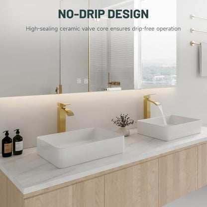 Brushed Gold Vessel Sink Faucet, Waterfall Bathroom Faucets | Brass, Tall Spout, Single Handle 1 Hole Bathroom Faucet, Modern Basin Taps with Supply Line, Pop Up Drain, Without Overflow - color: Brushed Gold, size: Tall