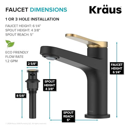 KRAUS Indy Single Handle One Hole Bathroom Sink Faucet in Spot-Free Brushed Brass/Matte Black, KBF-1411SFBBMB - color: Spot Free Brushed Brass/Matte Black, style: Basin + Pop-Up Drain