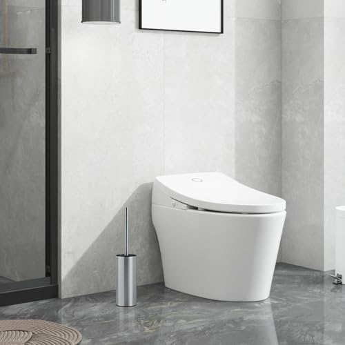 04 Stainless Steel Toilet Bowl Cleaner Brush and Holder Set | Brushed Bathroom Toilet Brush, Floor-Standing Circular Base, Long Handle, Heavy-Duty with 2 Brush Heads - color: H-brushed