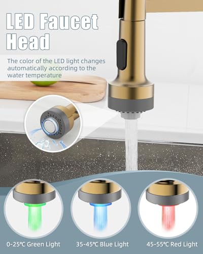LED Kitchen Faucet with Soap Dispenser, Gold Kitchen Faucet, Faucet for Kitchen Sink, Single Handle Stainless Steel Camper Farmhouse RV Sink Faucets with Pull Down Sprayer - color: C-Brushed Gold, style: Contemporary