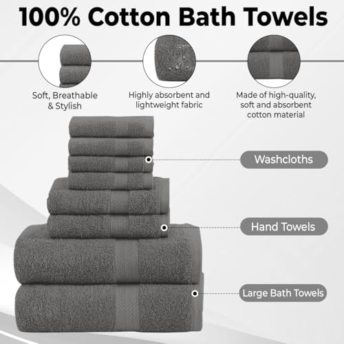 QUBA LINEN Pack of 8 Towels Set, 2 Large Bath Towels, 2 Hand Towels, 4 Wash Cloths, 100% Cotton, Lighter Weight, Quicker to Dry, Super Absorbent, Perfect for Bathroom (Grey) - color: Grey
