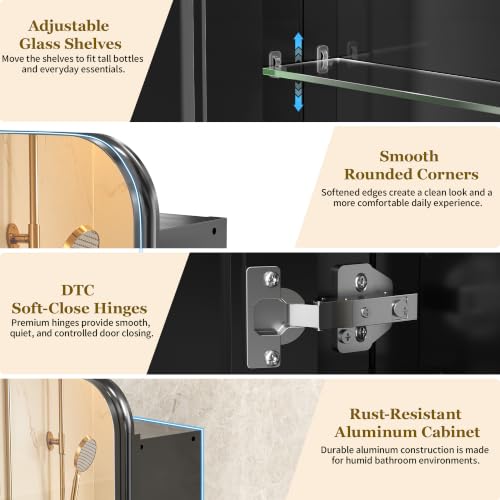 20x30 Black Medicine Cabinet with Mirror, Recessed & Surface Mount | Bathroom mirror with storage: 6 adjustable shelves fit tall bottles; DTC soft-close hinges; rust-resistant aluminum - size: 20" x 30"