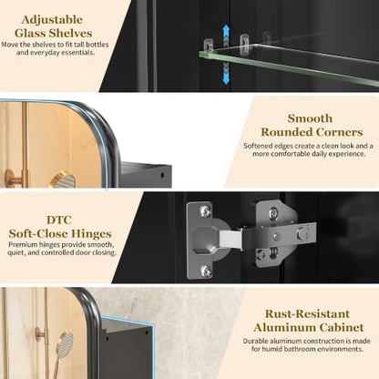 20x30 Black Medicine Cabinet with Mirror, Recessed & Surface Mount | Bathroom mirror with storage: 6 adjustable shelves fit tall bottles; DTC soft-close hinges; rust-resistant aluminum - size: 20" x 30"