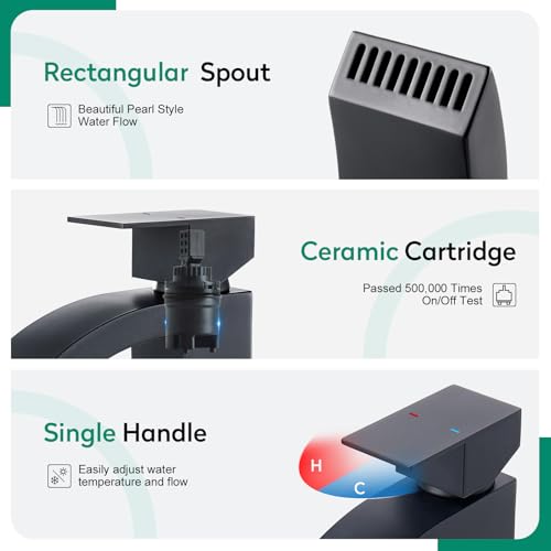 CREA Matte Black Waterfall Bathroom Faucet 1 Hole Single Handle Bathroom Sink Faucet with Pop Up Drain,Stainless Steel RV Vanity Faucet Basin Mixer Tap 3 Hole Plate Water Supply Line - color: Matte Black, style: Rectangular Spout
