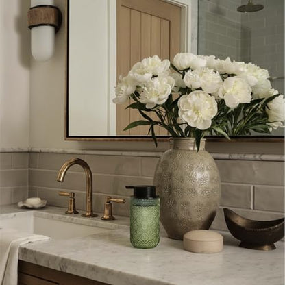 13.5 oz Glass Soap Dispenser, Luxurious Floral Embossed Glass Bathroom Countertop Foaming Pump for Kitchen Vanity (Green) - color: Green