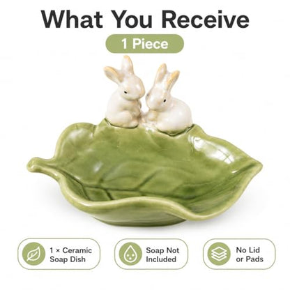 Rabbit Ceramic Soap Dish, Green Bunny Countertop Tray | Glazed ceramic; for soap, sponge, jewelry, keys; countertop only, no drainage hole or non-slip pad.