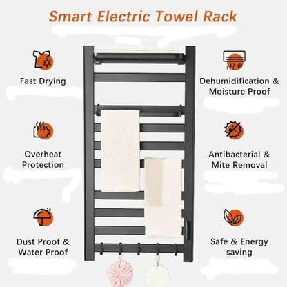 MOS Matte Black Electric Heated Towel Rack | Wall Mounted Towel Warmer with Digital Temperature Control Top Shelf Hooks Stainless Steel Towel Dryer for Bathroom - size: 21*66
