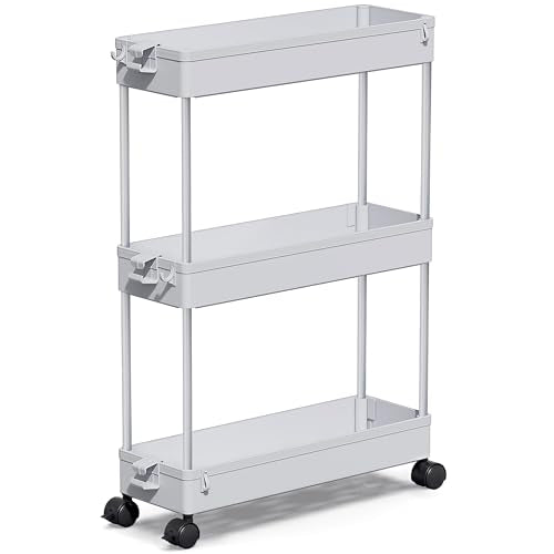 SPACEKEEPER Slim Rolling Storage Cart, 3 Tier Bathroom Cart Organizer, Gray | Narrow Rolling Cart with Wheels for Kitchen Office Bathroom Laundry Room,Mobile Utility Cart for Craft Art Makeup Nail Polish - color: Grey