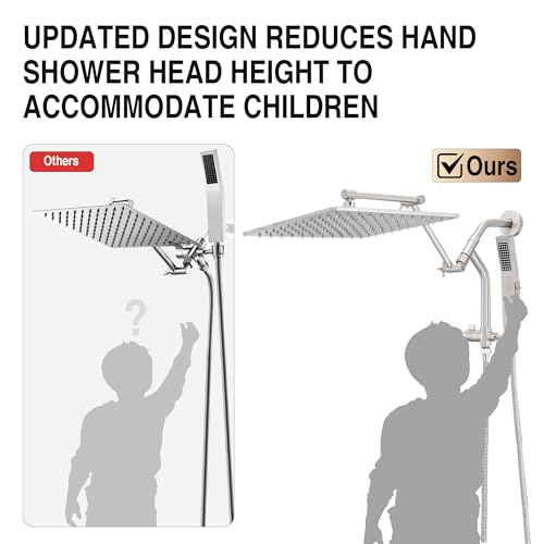 All Metal 12 Inch Rain Shower Head with Handheld Built-in Power Wash Mode, High Pressure Waterfall Rainfall Square Shower Heads with 16" Adjustable Extension Arm, Dual Showerhead(Brushed Nickel) - color: Brushed Nickel, size: 12 Inch