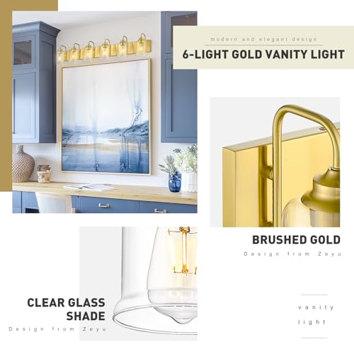 zeyu Brushed Gold 44-Inch 6-Light Vanity Lights for Bathroom, ZSL72B-6W BG | Brushed Gold Bathroom Lighting, Hardware Included, Up/Down Mount, Clear Glass, Hardwired, 6 E26 Bulbs Up To 60W Each - color: Gold, size: 6-Light