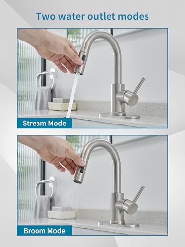 Brushed Bathroom Sink Faucet with Pull Out Sprayer for Sink 1 Hole,Bar Sink Faucet with Pop-Up Drain,Stainless Steel Single Handle Kitchen Faucet 360° Swivel Bathroom Faucets for Two Water Outlet Mode - color: Brushed Nickel, style: Pull-out
