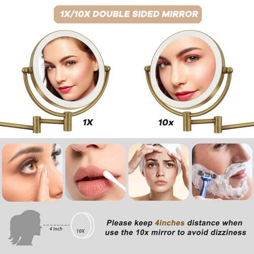 Lighted Wall Mounted Makeup Mirror with Magnification Antique Brass | Bathroom 1X/10X Magnifying, 8-Inch, 3 Color LED Touch Dimmable, Extendable Arm Vanity Shaving, Rechargeable Battery Operated - color: Antique Brass
