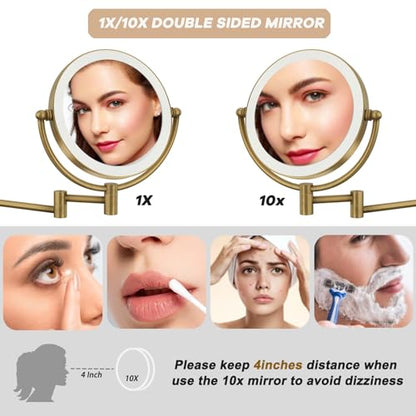 Lighted Wall Mounted Makeup Mirror with Magnification Antique Brass | Bathroom 1X/10X Magnifying, 8-Inch, 3 Color LED Touch Dimmable, Extendable Arm Vanity Shaving, Rechargeable Battery Operated - color: Antique Brass