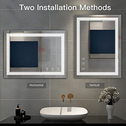 TATU LED Bathroom Mirror, 32x24 Inch Bathroom Vanity Mirror Wall Mounted with 3000K-6000K Adjustable, Anti-Fog, Smart Touch Button, Stepless Dimmable Lighted Makeup Mirror, Horizontal/Vertical - size: 24"L x 32"W