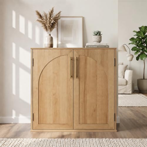 Sideboard Buffet Cabinet with Storage, 31.5" Modern Arched Accent Console Cabinet Credenza for Living Room Furniture Dining Room Entryway, Light Wood - color: Light Wood