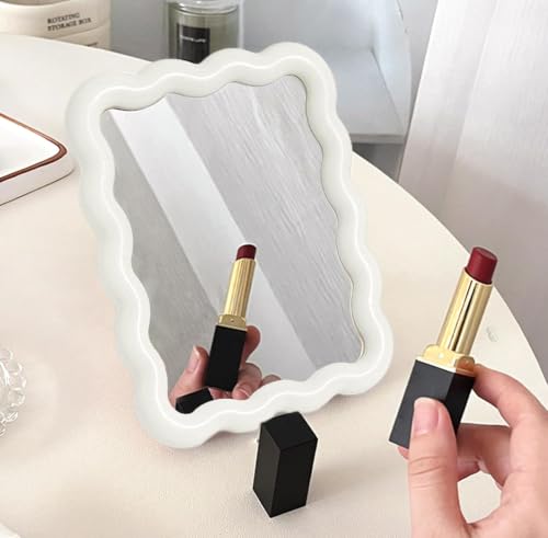 1Pcs Wavy Frame Desk Mirror Glossy Freestanding Mount Vanity Mirror White | Wavy Border Single Sided Makeup Mirror With Back Stand, Dual Use Tabletop Wall Mirror For Dorm Bedroom Daily Cosmetic Use