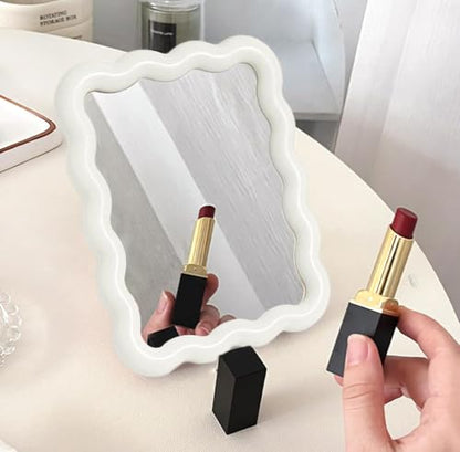 1Pcs Wavy Frame Desk Mirror Glossy Freestanding Mount Vanity Mirror White | Wavy Border Single Sided Makeup Mirror With Back Stand, Dual Use Tabletop Wall Mirror For Dorm Bedroom Daily Cosmetic Use