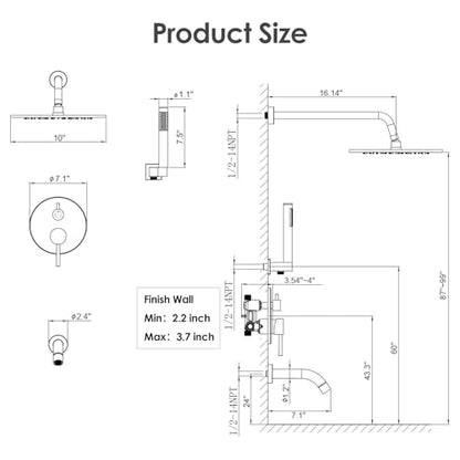 Gabrylly Shower System, 10" Bathtub Shower Faucets Set, Chrome | All Metal Rain Shower Head with Handheld Spray Combo and Tub Spout, Luxury Bathroom Rainfall Shower Head Set With Valve - color: Chrome
