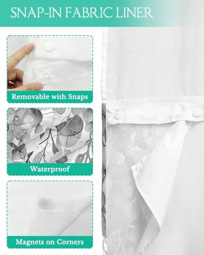 No Hook Shower Curtain and Snap in Liner Set, Gray Eucalyptus Fabric Bathroom Stall Shower Curtains 36x72, See Through Mesh Top Window, Spring Summer Botanical Floral Leaves Country Hotel Style - color: Grey, size: 36"W x 72"L (Pack of 1)