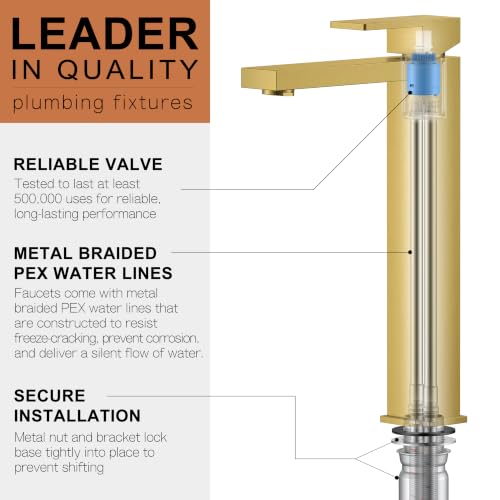 Brushed Gold Vessel Sink Faucet Single Hole Tall Bathroom Sink Faucet | Vessel Bowl Faucet with Pop Up Drain & Supply Lines, Lead-Free cUPC & NSF Certified, 1 Hole Faucet for Vanity RV Restroom - color: Gold, size: Tall