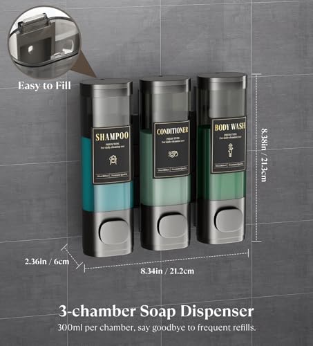 Luxspire Shampoo and Conditioner Dispenser, Shower Soap Dispenser 3-Chamber | Lockable Large Capacity 900ml No-Drill Wall-Mounted Shampoo and Body Wash Dispenser for Bathroom Hotel Kitchen Airbnb - color: Gray, size: 3 Chamber