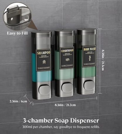 Luxspire Shampoo and Conditioner Dispenser, Shower Soap Dispenser 3-Chamber | Lockable Large Capacity 900ml No-Drill Wall-Mounted Shampoo and Body Wash Dispenser for Bathroom Hotel Kitchen Airbnb - color: Gray, size: 3 Chamber