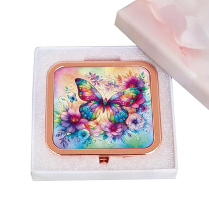 Compact Mirror, Handheld 2.8 inches Travel Makeup Mirror, 1X/2X Magnifying Square Pocket Makeup Mirror Rose Gold Butterfly - color: Rose Gold 11