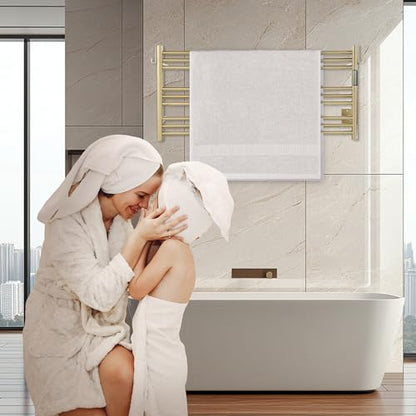 K&KALONZO Wall-Mounted 9-Bar Heated Towel Rack, Fast Heat in 2 Min, NTC Safety | 4 Timers & 3 Heat Levels Control, Plug-In/Hardwired, Top Hooks, Memory Function, Anti-Scald, Stainless Steel, EL13LG - color: Brushed Gold, size: H 19.7 x W 41.9