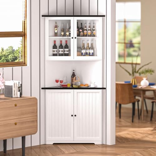 MUPATER Tall Corner Cabinet with Doors and Shelves, 71'' Free Standing Corner Kitchen Hutch, Cabinet Storage for Living Room, Bathroom, Kitchen with Countertop, White - color: White