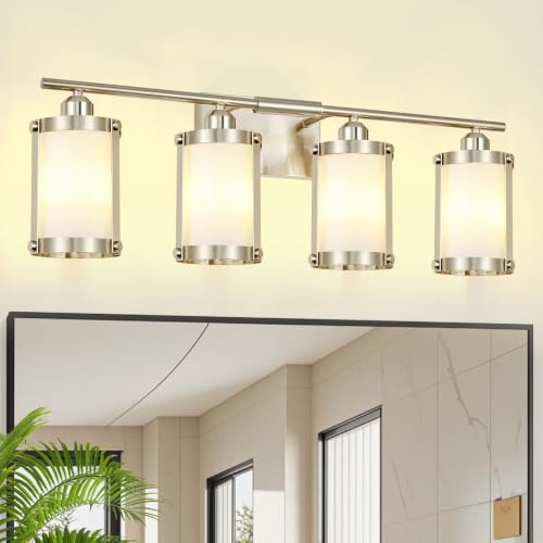 4-Light Brushed Nickel Bathroom Light Fixtures with Milk White Frosted Glass, 29" UL-Listed Modern Wall Sconce Over Mirror with Metal Cage for Bath, Hardwire E26, OS-3014BNW-4W - color: Nickel + Milk Glass, size: 4-Light, 29" L