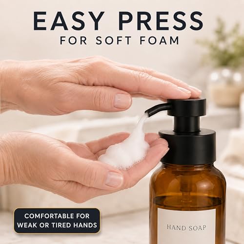 Amber Glass Foaming Soap Dispenser, 2 Pack, 8.5 Oz, Refillable | Foaming Hand Soap Dispenser; Pump Bottles, Non-Slip Bottom, 6 Moisture-Resistant Labels; for Bathroom & Kitchen Counter Decor