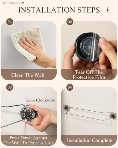 Suction Cup Towel Bar No Drill, Double Rod Bathroom Towel Holder | Vintage Floral Chrome, 65cm/25.6in Removable Vacuum Wall Mount Rack for Tile Glass and renters