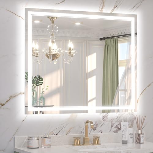 Keonjinn 40" x 36" Bathroom LED Mirror, Safe Tempered Glass, French Cleat | Frontlit & Backlit, 3 Color Dimmable Lights, Defogging, Energy-Saving Power Driver, Frameless Lighted Bathroom Vanity Mirror - size: 36"L x 44"W