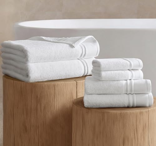 Madison Park Roan Border Cotton Bath Towel Set Absorbent, 6 Piece, White | Microfiber, Soft Pile, Machine Washable, OEKO-TEX Certified, Plush Bathroom Mat, Non Slip TPR Backing - color: White