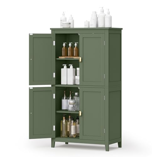 SONGMICS HOME Freestanding Storage Cabinet, Floor Cabinet with Elevated Legs, Metal Handles, for Living Room, Kitchen, Bathroom, Green - color: Green, style: 4 Doors (43.5"H)