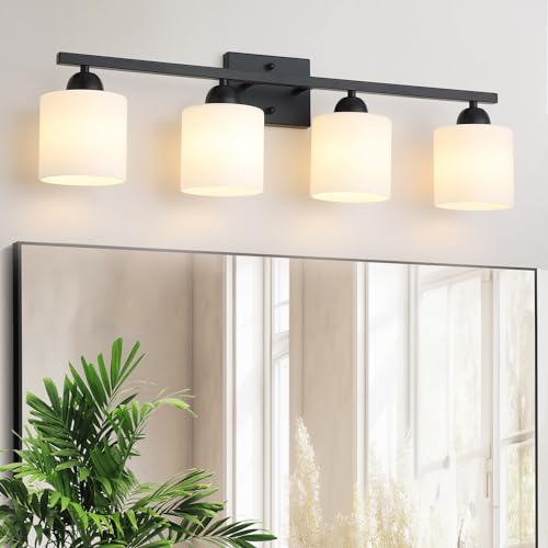 Mecgirn Milk Glass Vanity Lights for Bathroom, 4 Light Matte Black Bathroom Light Fixtures Over Mirror, Ceramic E26 Sockets Wall Mounted - color: Matte Black, size: 4 Light