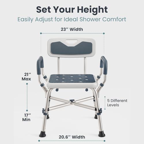 Shower Chair (450lb) with Padded Armrests and Back, Showers Chair for Elderly and Disabled, Adjustable Height Shower Seat, Heavy Duty Shower Chairs for Inside Shower, Handicap - Grey - color: Grey