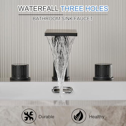 becola Black Bathroom Faucet 3 Hole, 8 inch Widespread Bathroom Faucet with Top Storage, Waterfall Bathroom Faucet，2-Handle Modern Vanity Faucet with Adjust Knobs and Two Supply Lines - color: Matte Black
