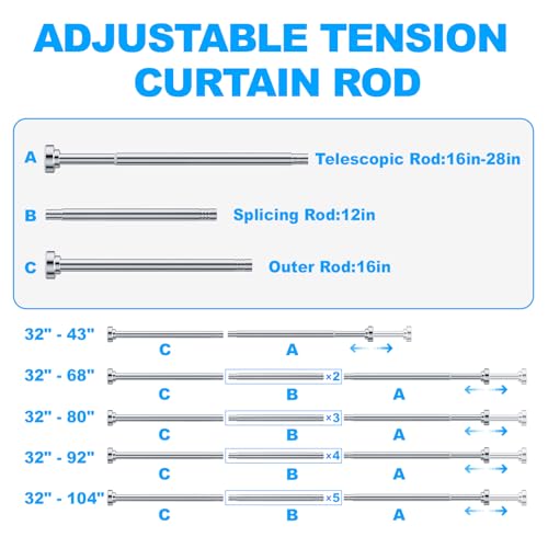 TEECK 2 Pack Shower Curtain Rod, 32-43 inch Adjustable Spring Tension Curtain Rod, Never Rust Anti-Slip Shower Curtain Rod for Bathroom, No Drilling, Never Collapse, Easy to Use, Silver - color: Silver, size: 32-43 Inches|2 pcs