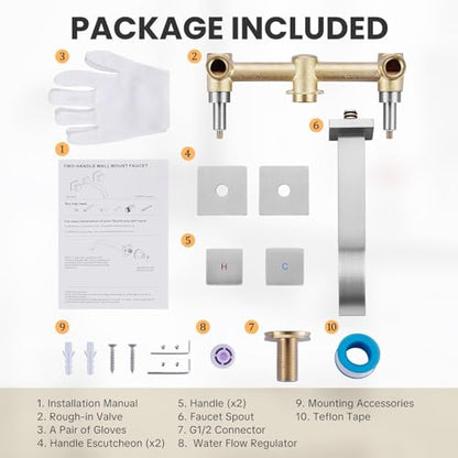 ALEASHA Wall-Mounted Bathroom Sink Faucet, Brushed Nickel Bathroom Faucet | Waterfall Bathroom Faucet with Two Handles, Brass Bathroom Sink Faucet, Wall-Mounted Washroom Faucets and Rough-in Valve - color: Brushed Nickel