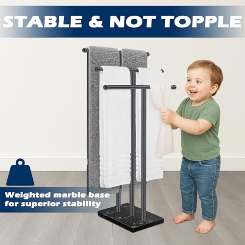 Standing Towel Rack with Marble Base, 3-Tier Free Standing Towel Racks for Bathroom, 40" Height Floor Towel Stand Holder for Bathroom, Black - color: Black