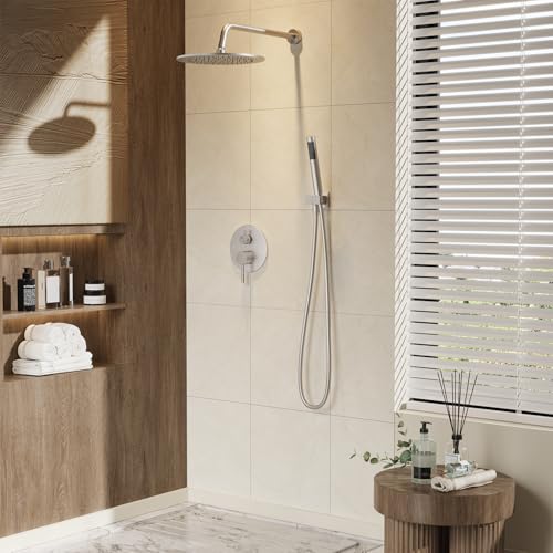 Gabrylly Shower System, 10" Wall Mounted Shower Faucet Set, Brushed Nickel | Rain Shower Head with Handheld Spray Combo, All Metal Rainfall Shower Head Complete Set Shower Mixer Valve for Bathroom - color: Nickel