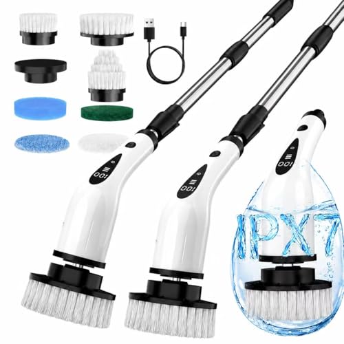 Electric Spin Scrubber, 3-Speed Flat End Brush with 8 Brush Heads & Base, IPX7 Waterproof, Adjustable Long Handle, Digital Display, 2500mAh Fast Charging, for Bathroom, Tub, Tile, Floor - color: Black